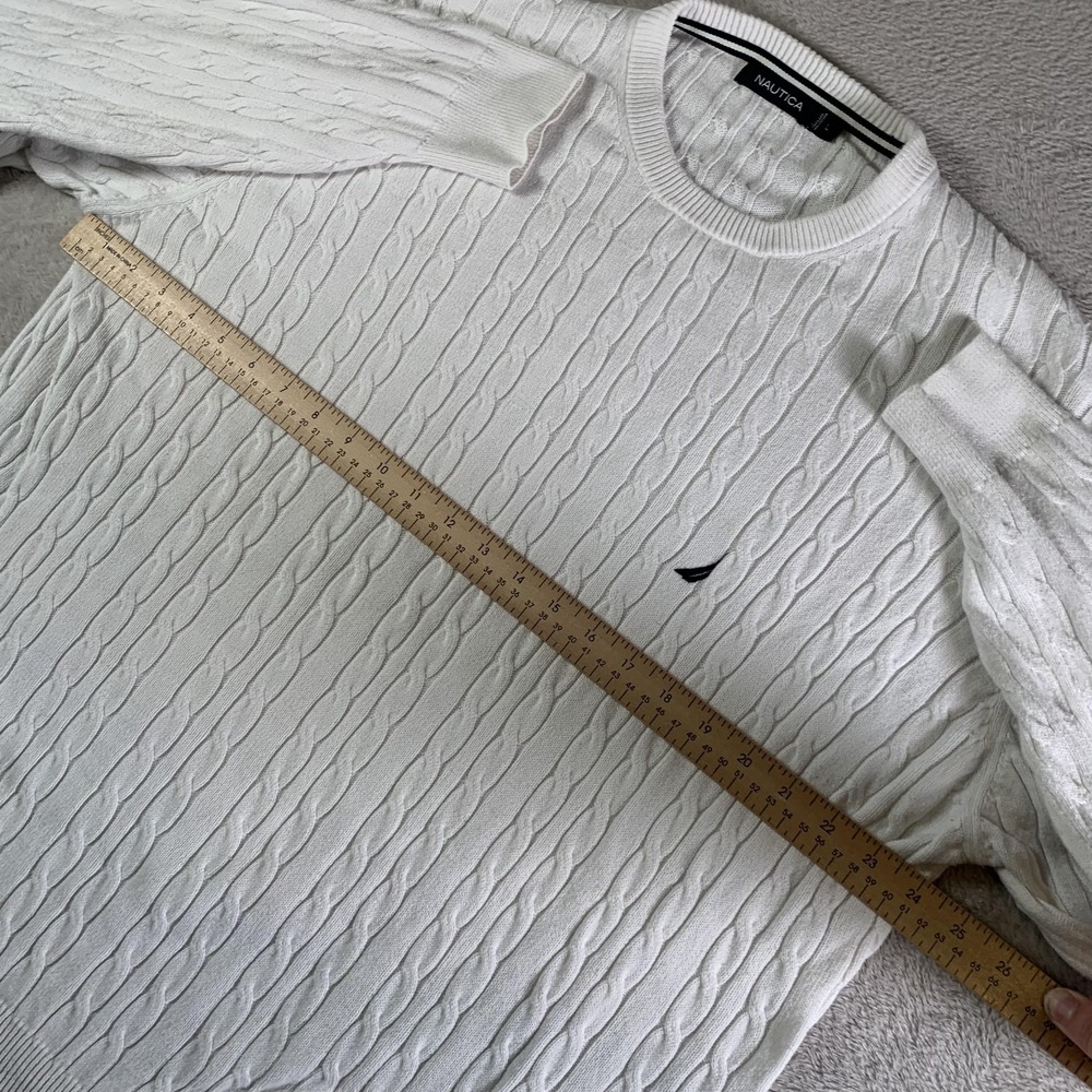 Nautica Sweater Mens Large White Cable Knit Crewneck Cotton Pullover Casual‎ - Picture 5 of 10